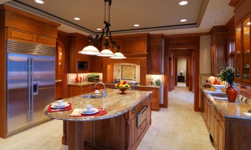 Installation of LED pot lights on the ceiling of the kitchen